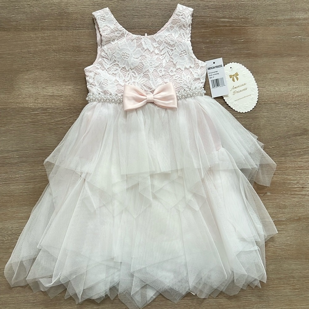 American Princess Pale Pink White Lace Pearl Bow Tulle Dress 2T Christmas